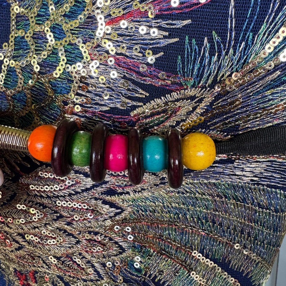 Blue Tote Hand Bag with Intricate Phoenix Design and Side Beads. - Picture 9 of 11